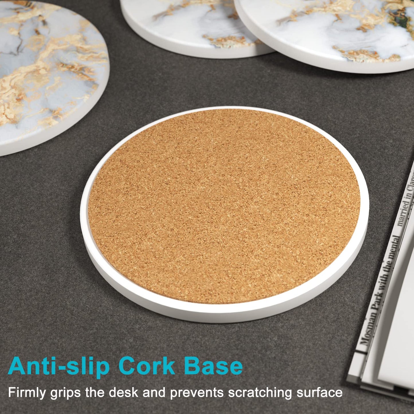 Nipichsha Coasters for Drinks, Set of 6 Cute Absorbent Ceramic Drink Coasters for Cup with Holder and Cork Base, Kitchen Home Decor Housewarming Gift, Round 4 in, White Gray Gold