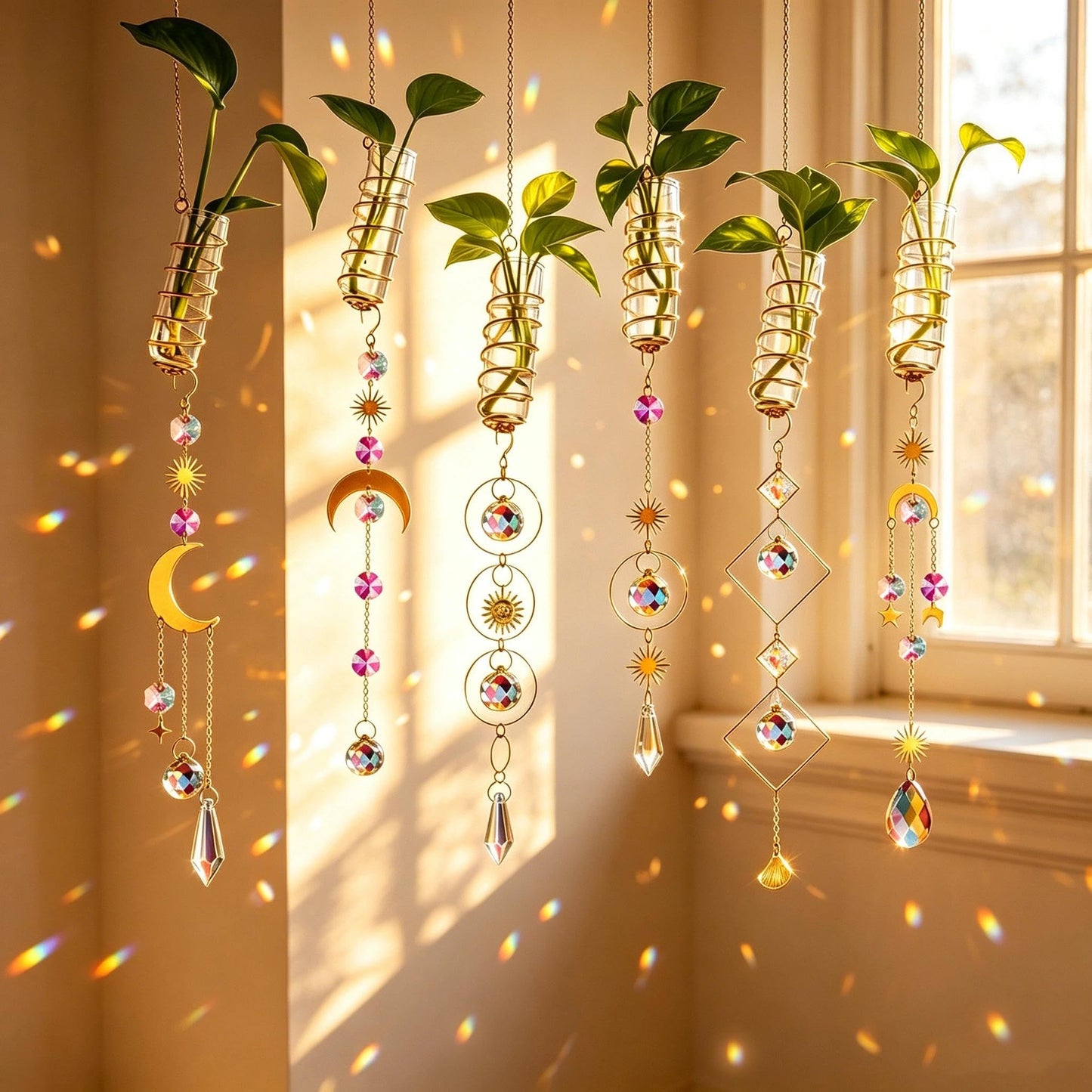 HDCRYSTALGIFTS 6Pcs Crystal Suncatchers with Propagation Stations,Glass Wall Planters for Indoor Plants Hydroponics - Propagation Tubes Jars with Sun Catchers Metal Chain for Home Whimsical Decor