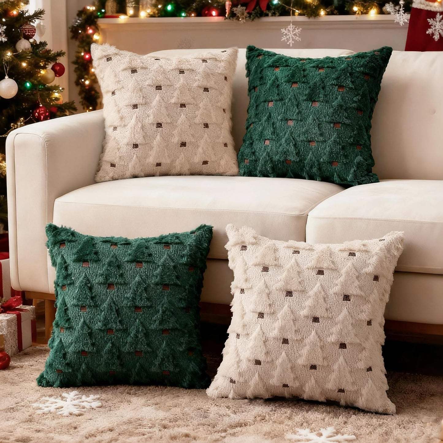 HDVUHKI Christmas Throw Pillow Covers 18x18 inch Set of 4, Beige and Green Xmas Tree Holiday Winter Living Room Soft Fluffy Plush Faux Fur Wool Decorations for Sofa Couch Bed