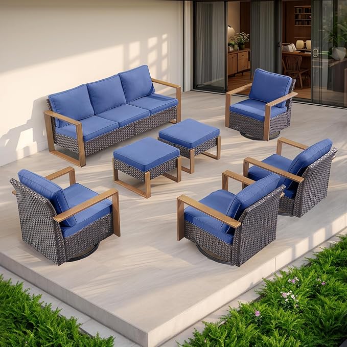 Rilyson Outdoor Ottoman Wicker Patio Footrest - 2 Piece Wicker Footrest Footstools Set with Sturdy Frame,All-Weather PE Wicker, Thick Cushions for Deck Porch Garden(Brown/Blue)