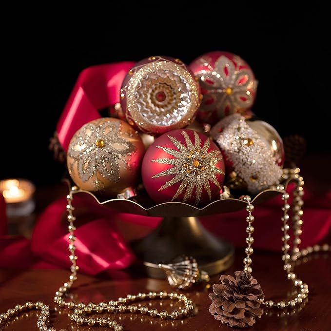 Valery Madelyn Glass Christmas Ornaments Set, 10ct Medium Red Gold Mercury Blown Glass Christmas Tree Ball Decorations, Luxury Hanging Teardrop Finial Faceted Reflector Decor