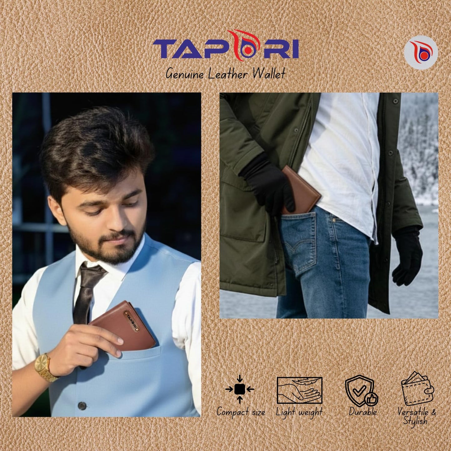 TAPORI Leather Wallets for Men | Men's Leather Bifold Wallet, Multiple Card Slots, ID Window, Zipper Coin Pocket, Available in | (Brown)