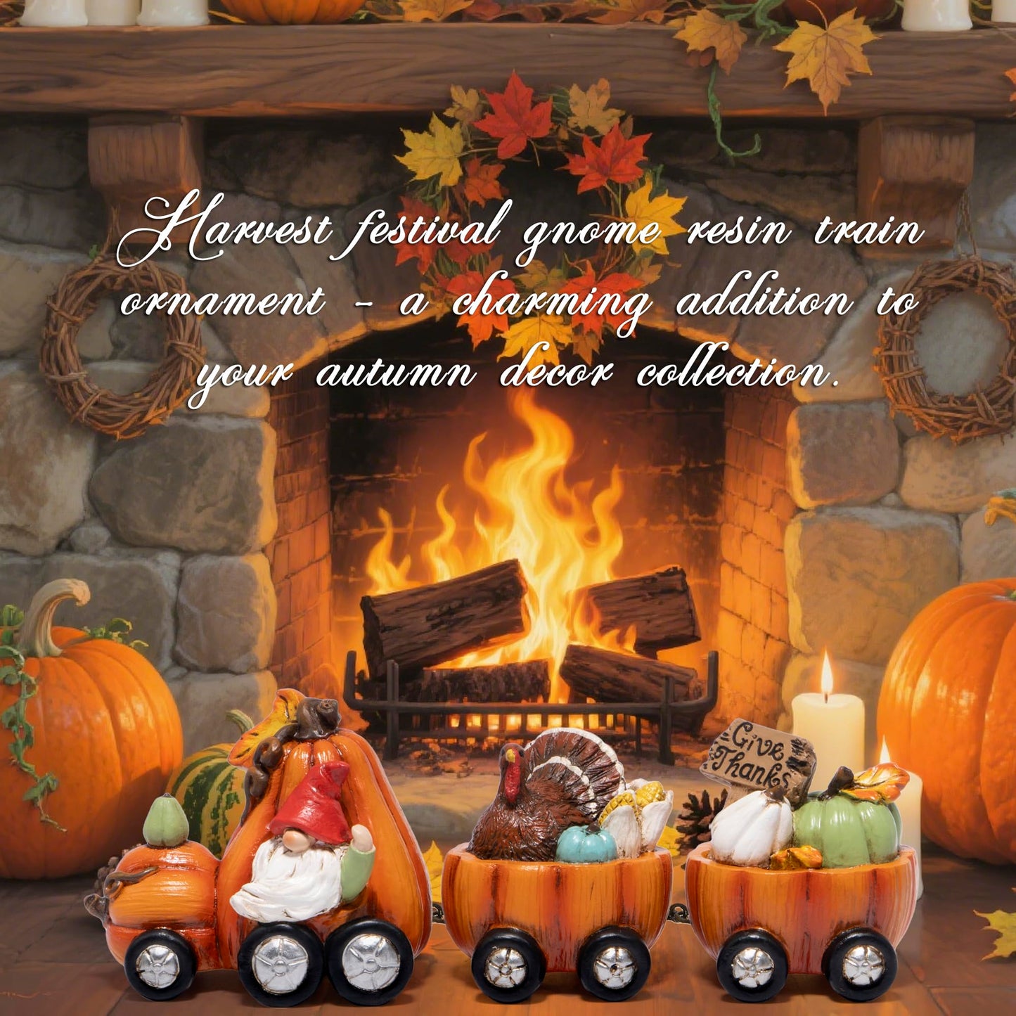 Hodao Thanksgiving Decor Indoor, Fall Resin Pumpkin Train Figurine with Gnome & Turkey, Cute Autumn Harvest Tabletop Decoration for Home, Perfect Fall Gift for Family Friends