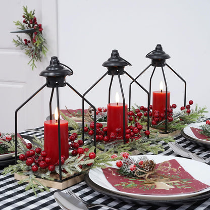 Rhytsing Christmas Table Centerpieces, H10 Inches Decorative Lantern with Real Wax Red LED Flameless Candle and Christmas Cedar Candle Ring, Battery Powered Metal Hanging Lanterns with Timer