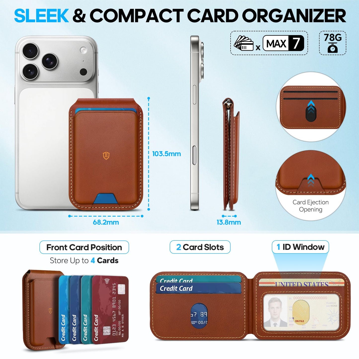 SHIELDON Genuine Leather Card Holder for Phone, Strong Magnetic Wallet for MagSafe with Adjustable Stand, RFID Blocking Mag Wallet for iPhone 17/17e/16/15/14/13/12/Pro/Max/Air/Plus Men & Women - Brown