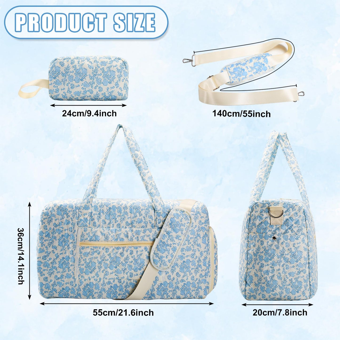 GLOMAXLY Floral Quilted Duffle Bag, Carry On Bag with Shoe Compartment & Toiletry Pouch, Overnight Weekender Bag for Girls & Women, Hospital Bag for Labor Delivery, Graduation Gift, Dance & Ballet Use