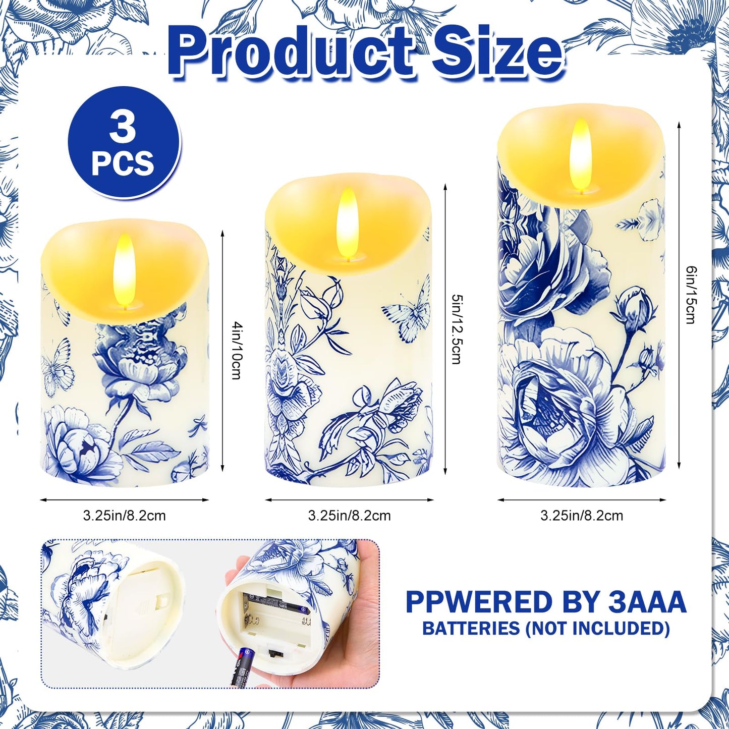 Ouvibor 3 Pcs Blue and White Flameless Candles Wedding Table Centerpiece Chinoiserie Candles Blue White Floral Printed Faux Candles with Remote Timer for Wedding Home Holiday Table Decor