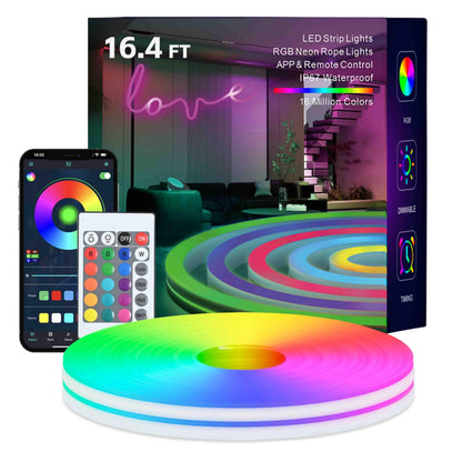 MFWW Neon Rope Lights, 33FT RGB LED Strip Lights, App Control, IR Remote, Outdoor IP67 Waterproof, Music Syncing, Flexible DIY Design for Bedroom, Gaming, Party, Christmas Decor