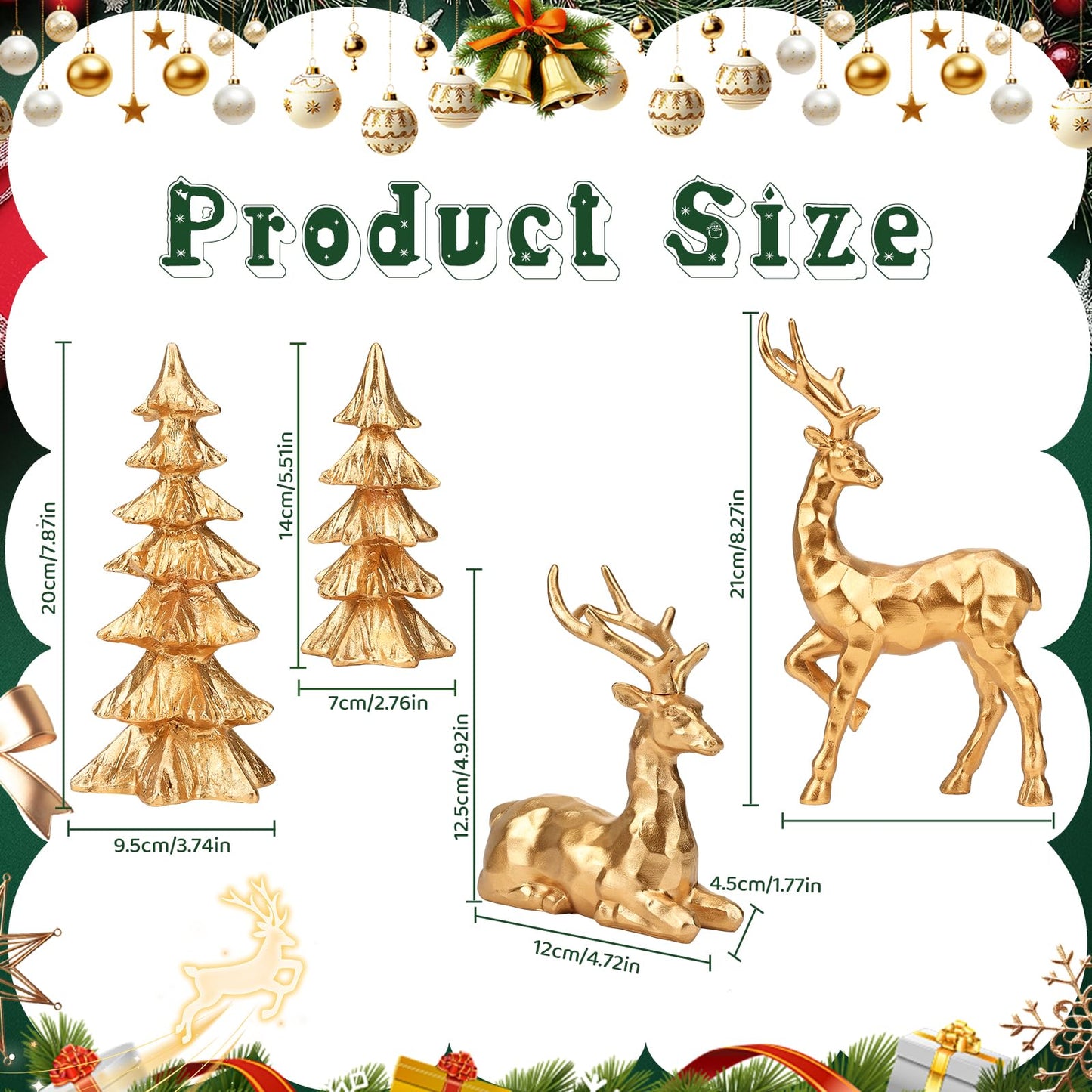 2 Pcs Christmas Tree Figurines and 2 Pcs Christmas Reindeer Figurines, Gold Tabletop Christmas Decorations Resin Christmas Tree and Elk Statues for Table Centerpieces Desk Shelf Fireplace Decor