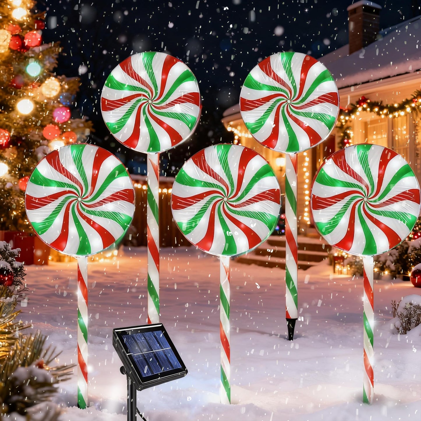 NAHIYELAS Christmas Solar Lollipop Pathway Lights 5 Pack Outdoor Candy Cane Stake Light with Bow Waterproof Walkway Xmas Outsides Garden Yard Lighting Landscape Decorative Decoration