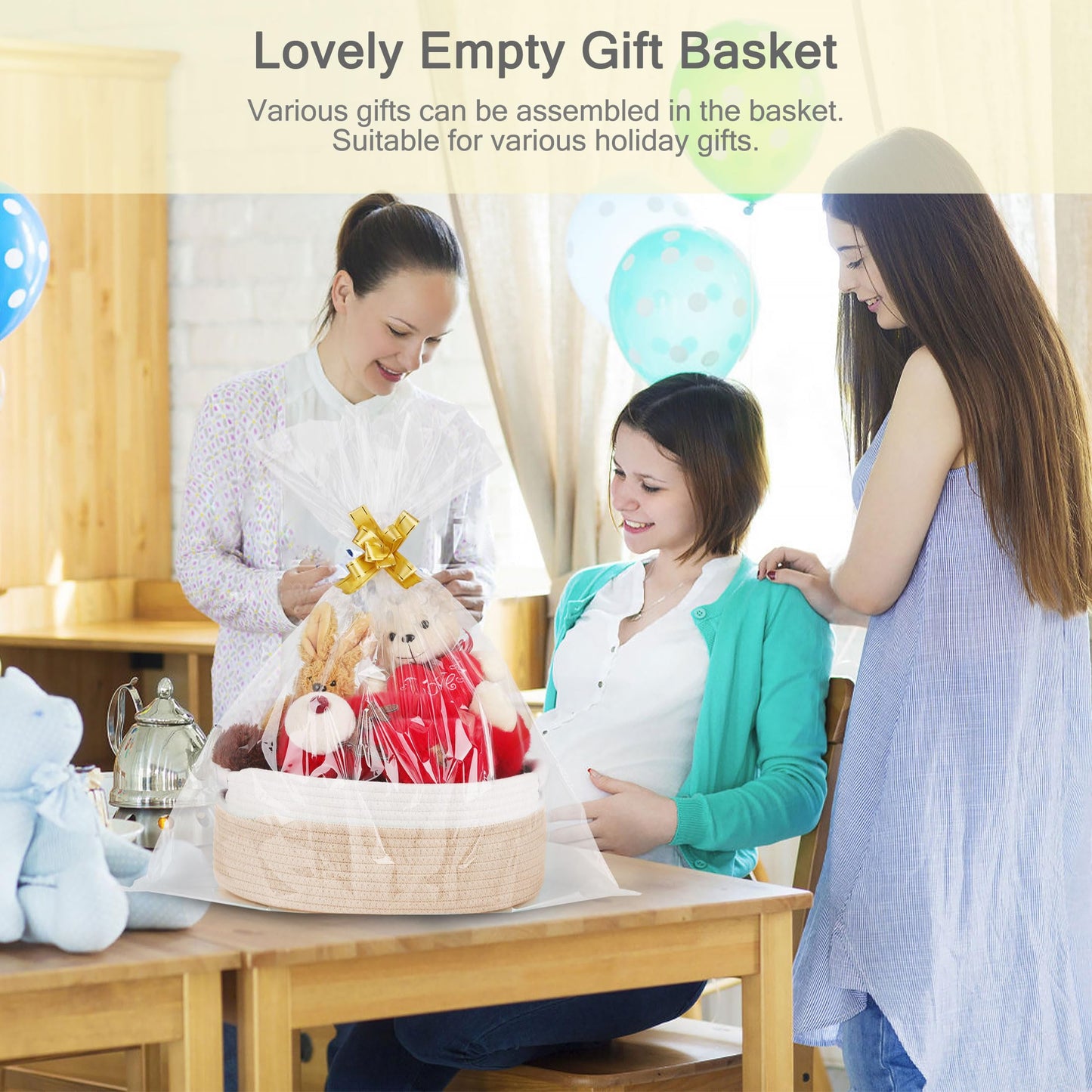 BOSROTY Small Woven Basket with Gift Bags and Ribbons, Empty Baby Gift Baskets for Kids Women Men, Shelf Storage, Small Cat Dog Pet Toy Boxes, 13”x 9”x 5.5”, Beige