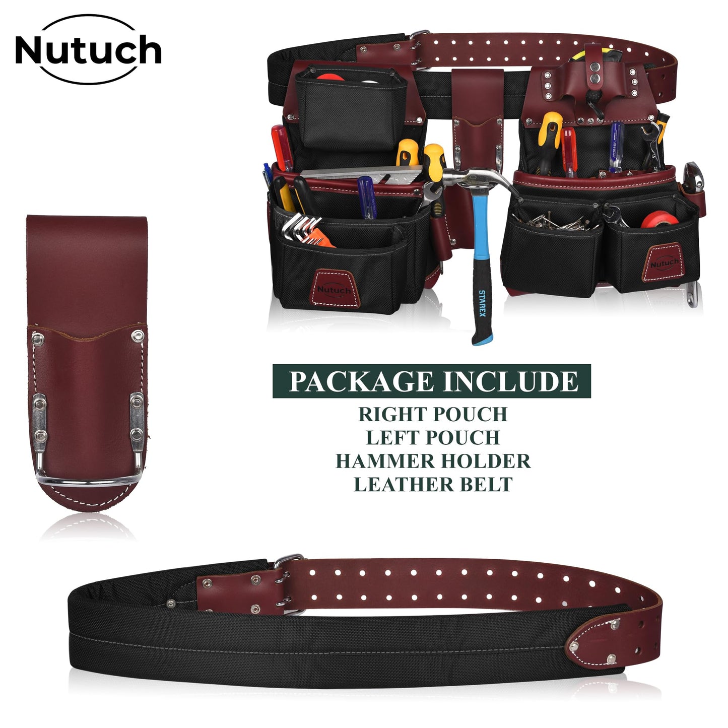 NUTUCH Nylon and Leather Tool Belt | Nylon Tool Pouch | Carpenter Tool Belt | Construction | Framers | Electrician Tool Belts | Drywall Tool Bags | Handyman | Electric (BLACK)