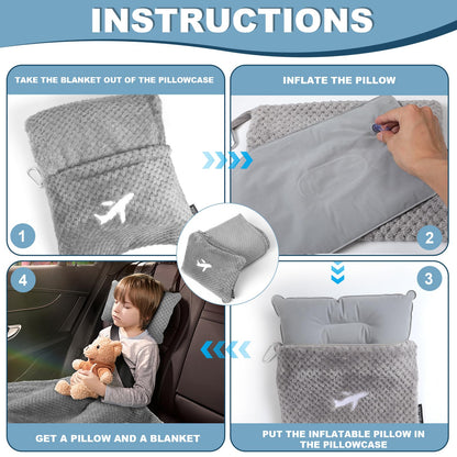 Nenolix Travel Blanket Airplane Compact with Bag, Travel Essentials 3 in 1 Packable Airplane Blanket, Travel Pillow and Blanket Set, Inflatable Pillow, Luggage Sleeve & Backpack Clip (Light Grey)