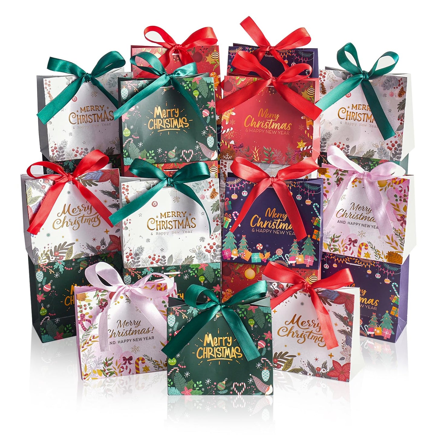 24 Pack Christmas Mini Gift Bags,5.5x 2.5x4.7 Inch Small Xmas Goodie Bags with Ribbon for Kids, Holiday Party Favors Boxes for Candy, Cookies, Jewelry, Christmas Tree Decoration