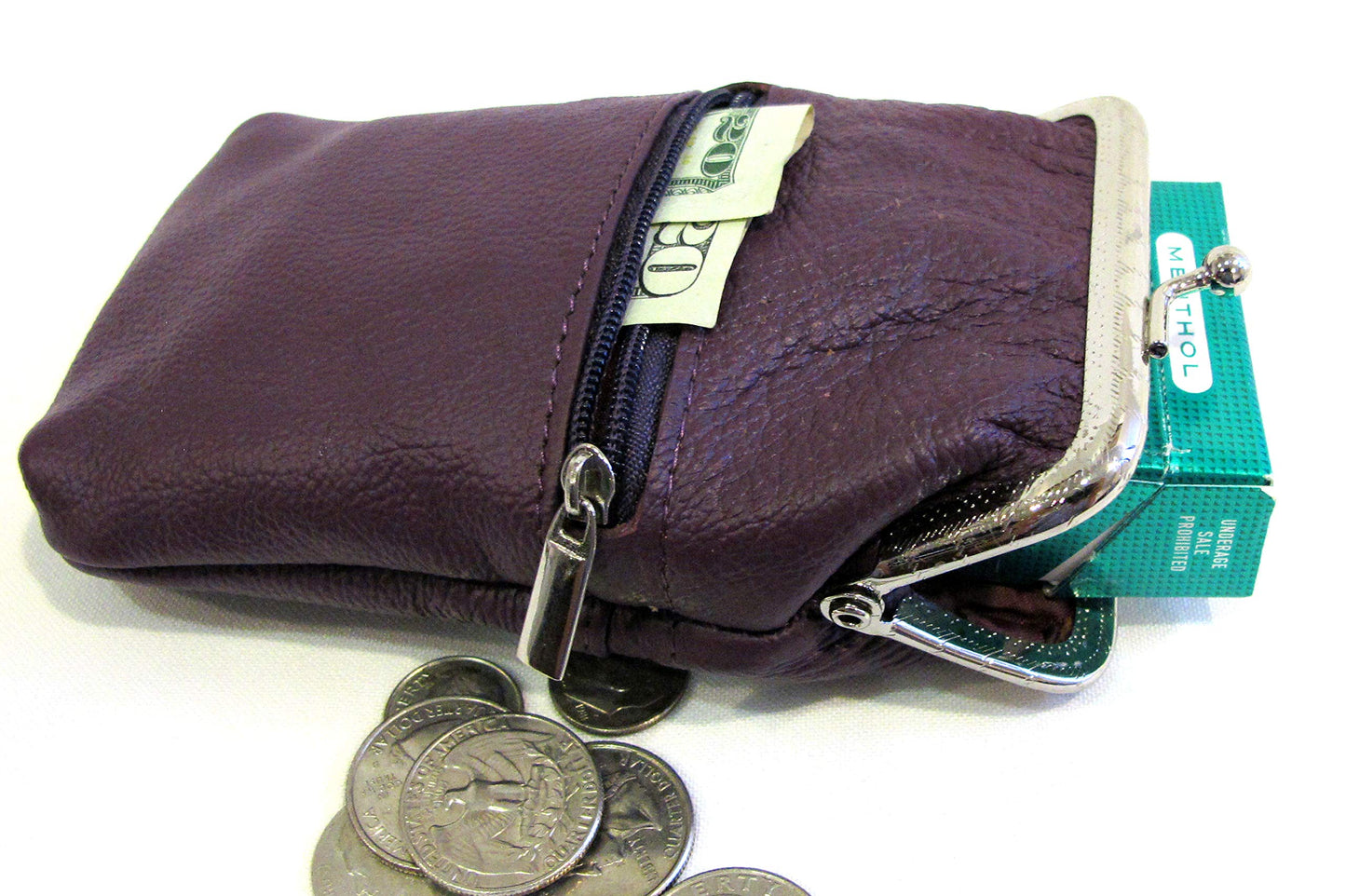 Women 100% Pure Leather Cigarette Case Lighter Match Pocket Zipper Coin Pouch -4 Color (Purple)