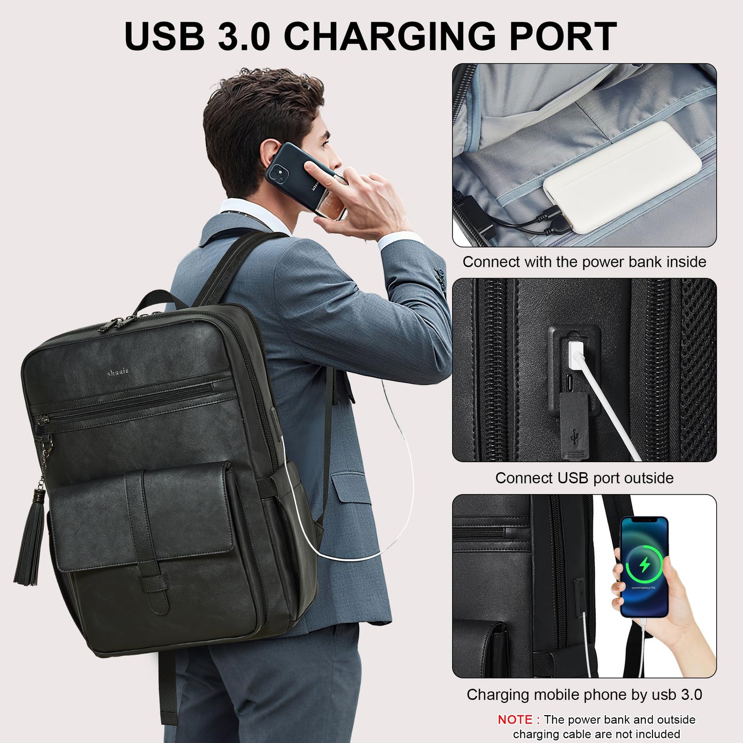 Shrrie 16 inch Vegan Leather Laptop Backpack with USB Charger,Smart Computer Backpack for Men and Women Business,Work,Office,College