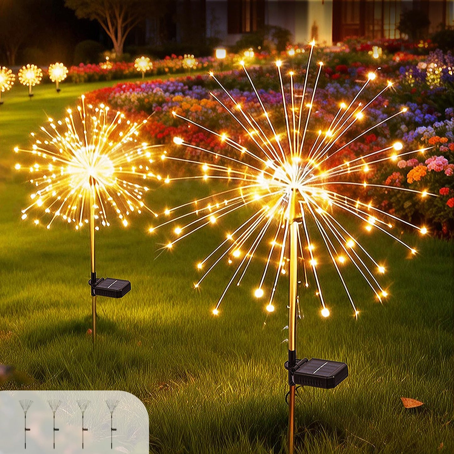 Boutispan 150 LED Solar Fireworks Lights Outdoor Waterproof, 4 Pack 8 Modes Twinkling Fireworks Solar Fairy Lights for Garden Yard Patio Flowerbed Lawn Planter Walkway Decor (Warm White)