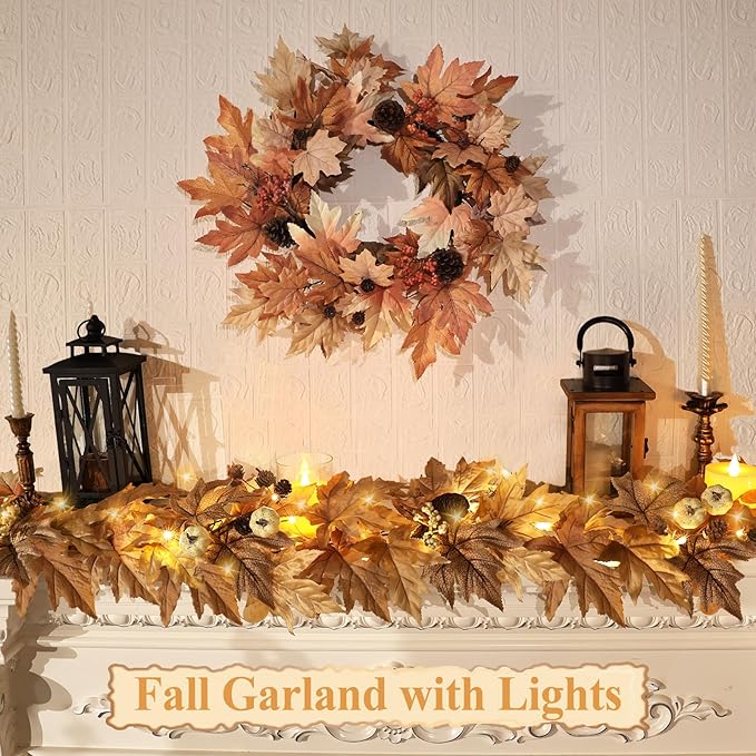 6 FT Fall Garland with Lights Timer Function Autumn Fall Leaves Garland with Berries Pine Cones Pumpkins Realistic Automatic ON/Off Timer Fall Decorations for Home Mantle Fireplace Porch Door Table