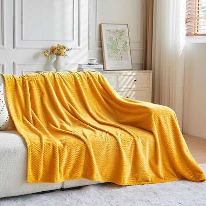 NEWCOSPLAY Super Soft Throw Blanket Mustard Yellow Premium Silky Flannel Fleece Leaves Pattern Lightweight Bed Blanket All Season Use (Mustard Yellow, Throw(50"x60"))