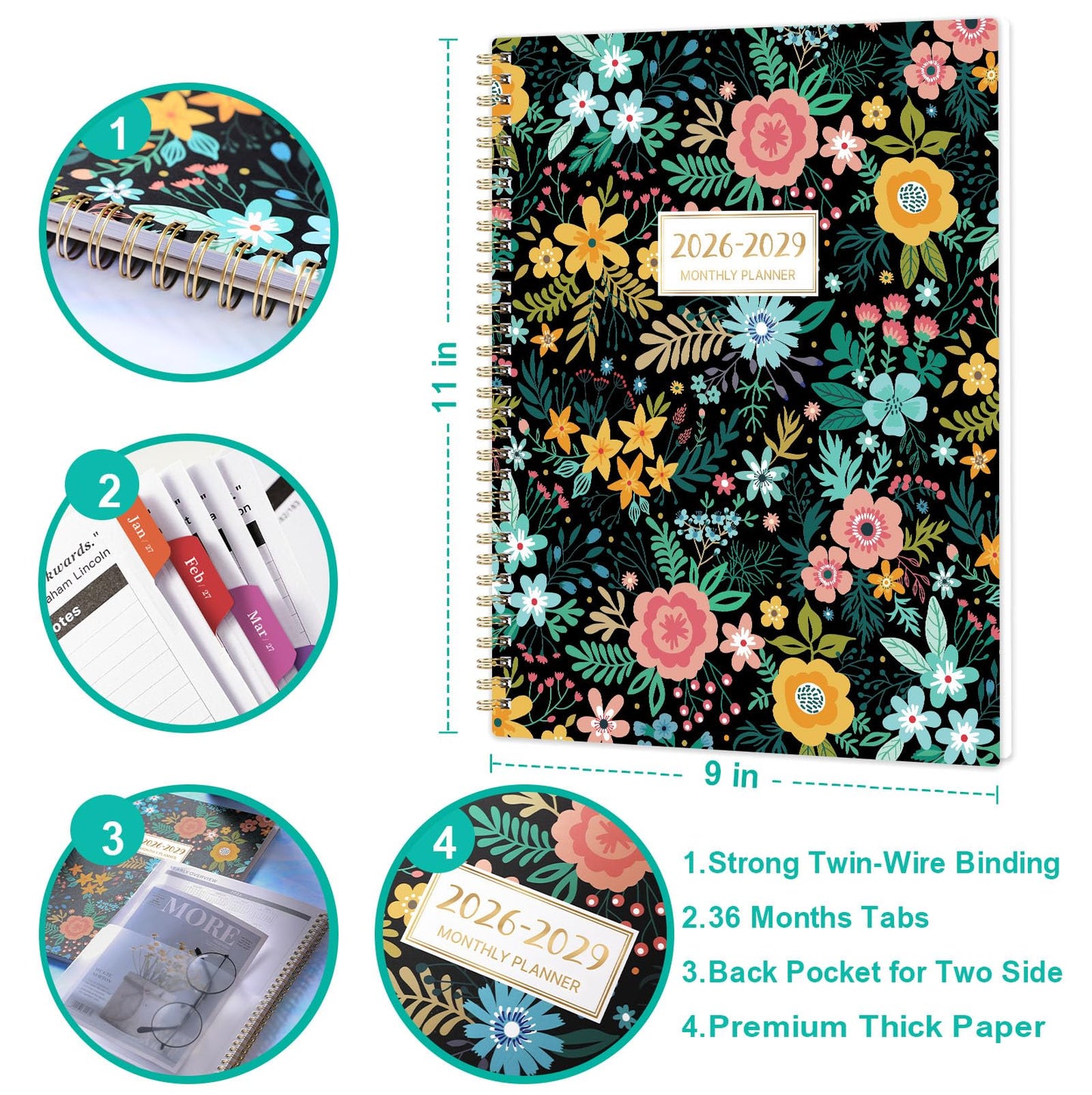 2026-2029 Monthly Planner/Calendar - 3 Year Planner 2026-2029 - July 2026 - June 2029, 9'' x 11'', 3 Year Calendar Planner 26-29, 36 Months, Colorful Tabs, Inner Pocket, Notes Pages, Great for School Work Home Long-Term Planning
