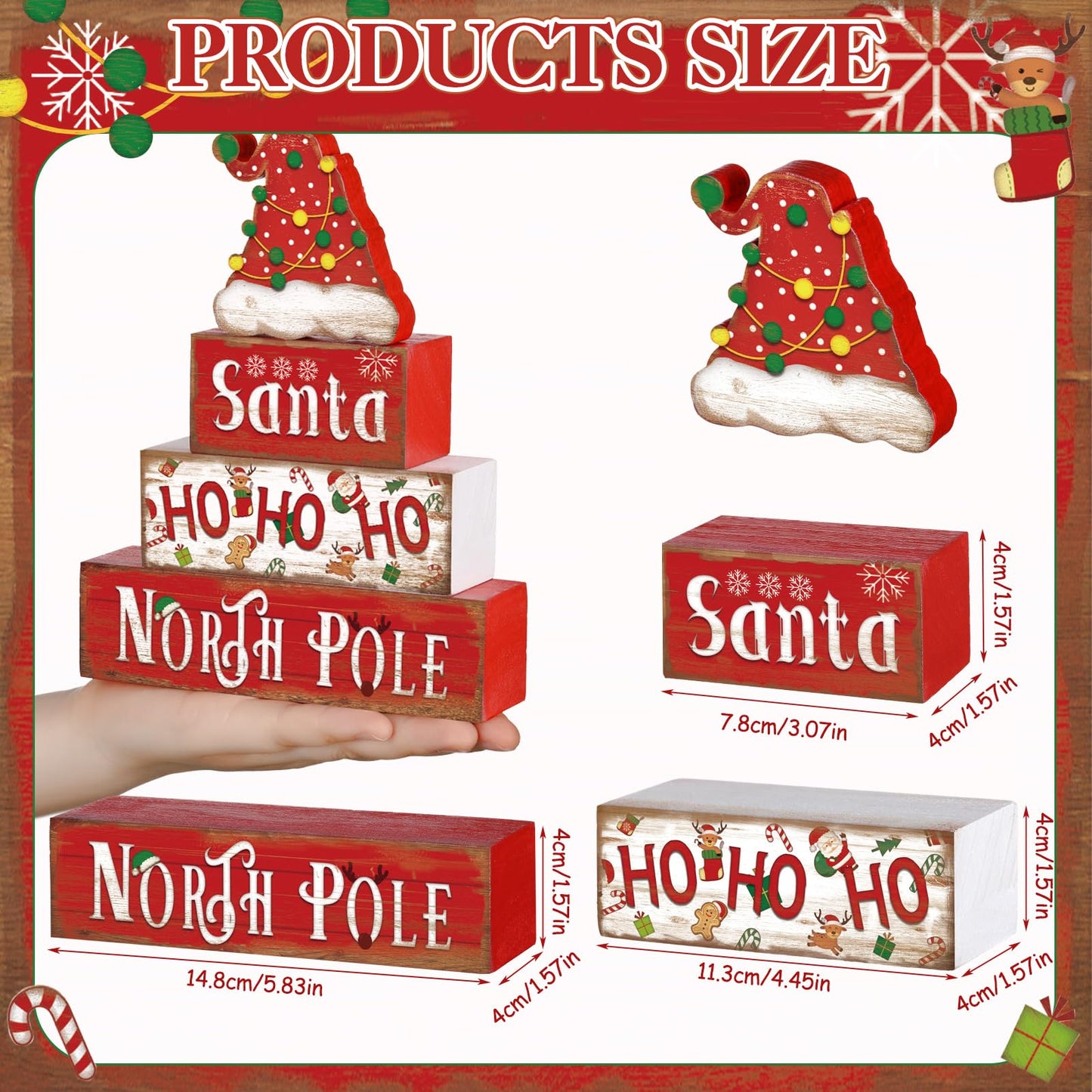 Moucuny 4 Pcs Christmas Table Sign Christmas Hat Wooden Decorative Signage Xmas Tiered Tray Decor Winter Centerpieces Farmhouse Wooden Block Set Xmas Table Sign for Home