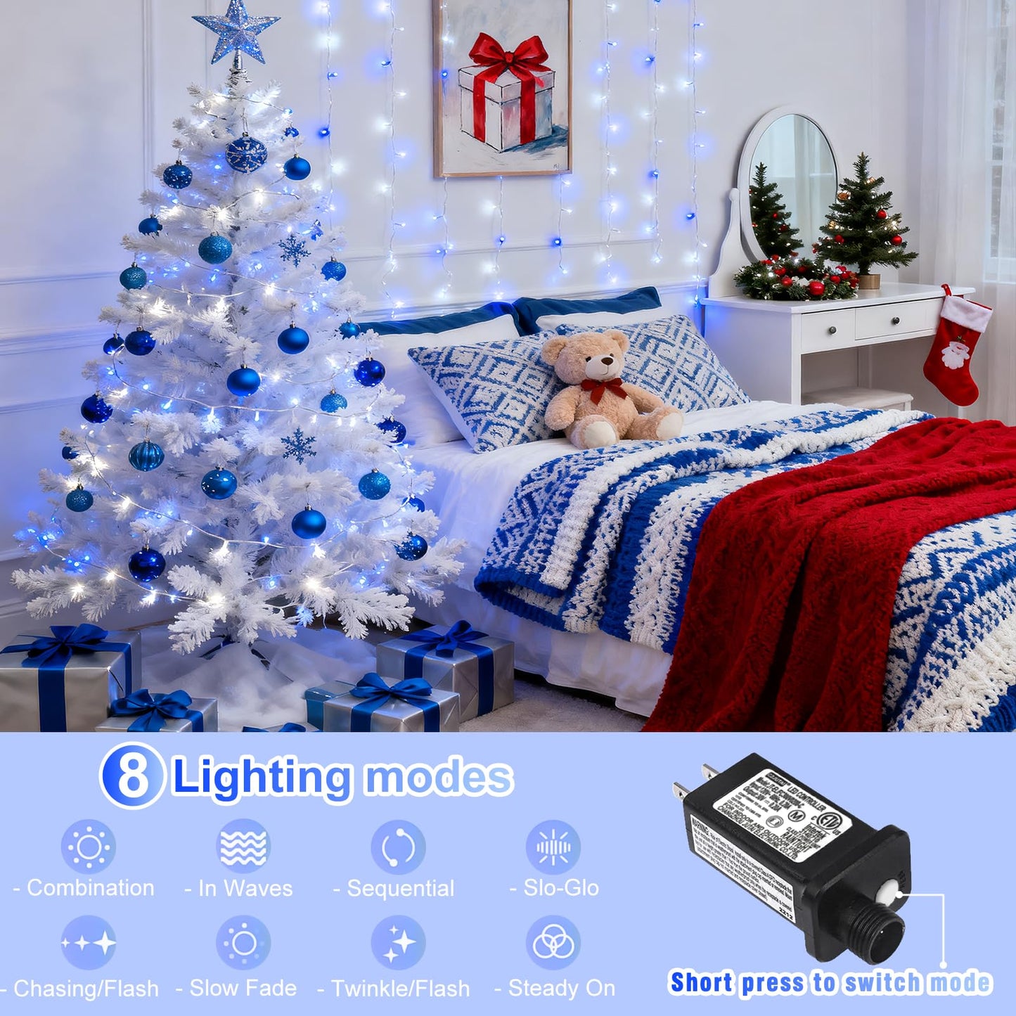100FT 300 LED Outdoor String Lights, Plug in Connectable Christmas Lights Indoor Waterproof, 8 Modes String Lights for Outside Bedroom Home Xmas Tree Patio Yard Party Decorations, Blue and White