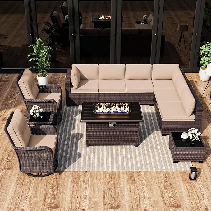 ALAULM 11 Pieces Patio Furniture Set with 2 Swivel Chairs Patio Furniture Outdoor Sectional Sofas with 55000 Gas Fire Pit Patio Conversation Set w/8 Cushions-Sand