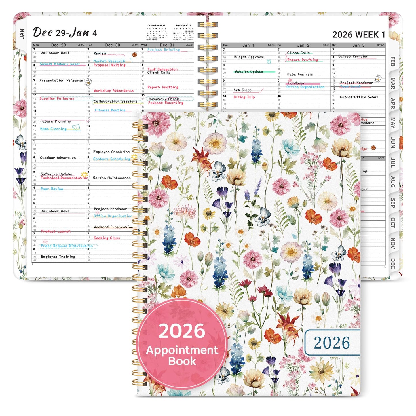 2026 Appointment Book Planner, Quarter-Hourly, Weekly & Monthly Appointment Planner (January 2026 - December 2026), 8.5"x11" Schedule Book with Flexible Cover & Tabs, Perfect for Office School Supplies - Wildflowers