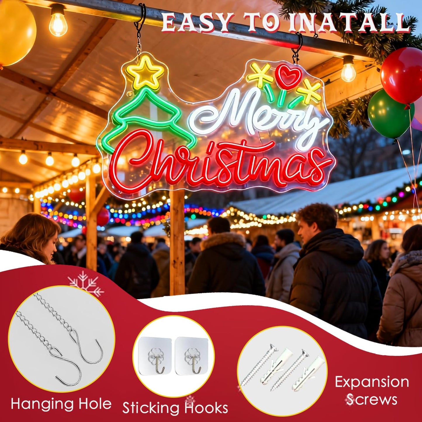 Modern Merry Christmas Neon Sign with Tree & Santa Hat, LED Light Sign for Wall Decor, USB Powered Dimmable Indoor Christmas Window Lights for Home, Bedroom,Party, Bar, Xmas Decorations Gift