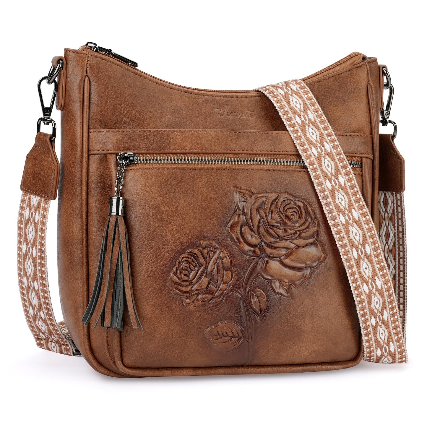VIMUTI Crossbody Bags for Women Trendy Vegan Leather Hobo Purses for Women Embossed Flower Shoulder Handbags Bucket Bag (02-Brown)