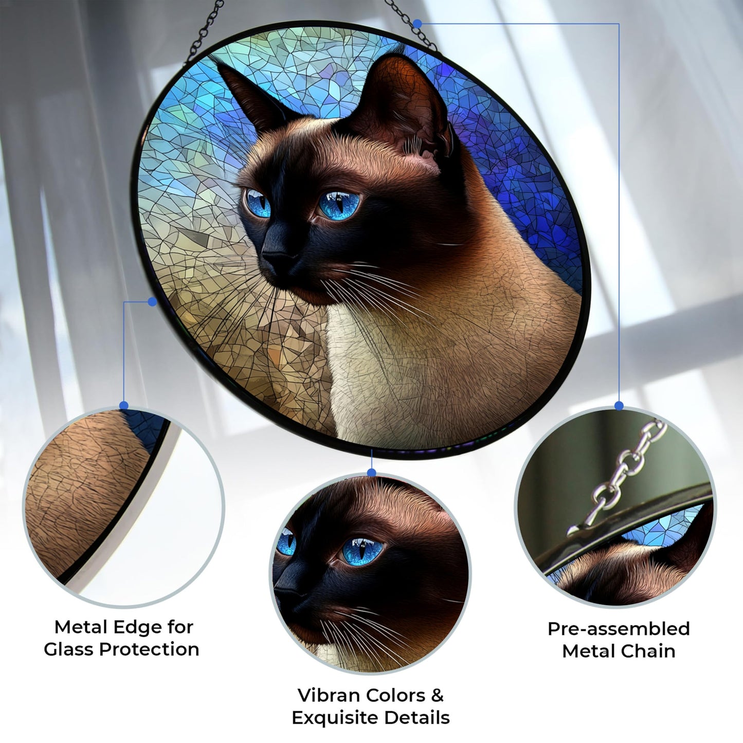 HYPESTYLE Easter Siamese Cat Stained Glass Window Hanging by Clare Donovans, Handcrafted Stained Glass Suncatchers, Gift for Cat Lovers Nature Lovers 12”x12” Mother's Day