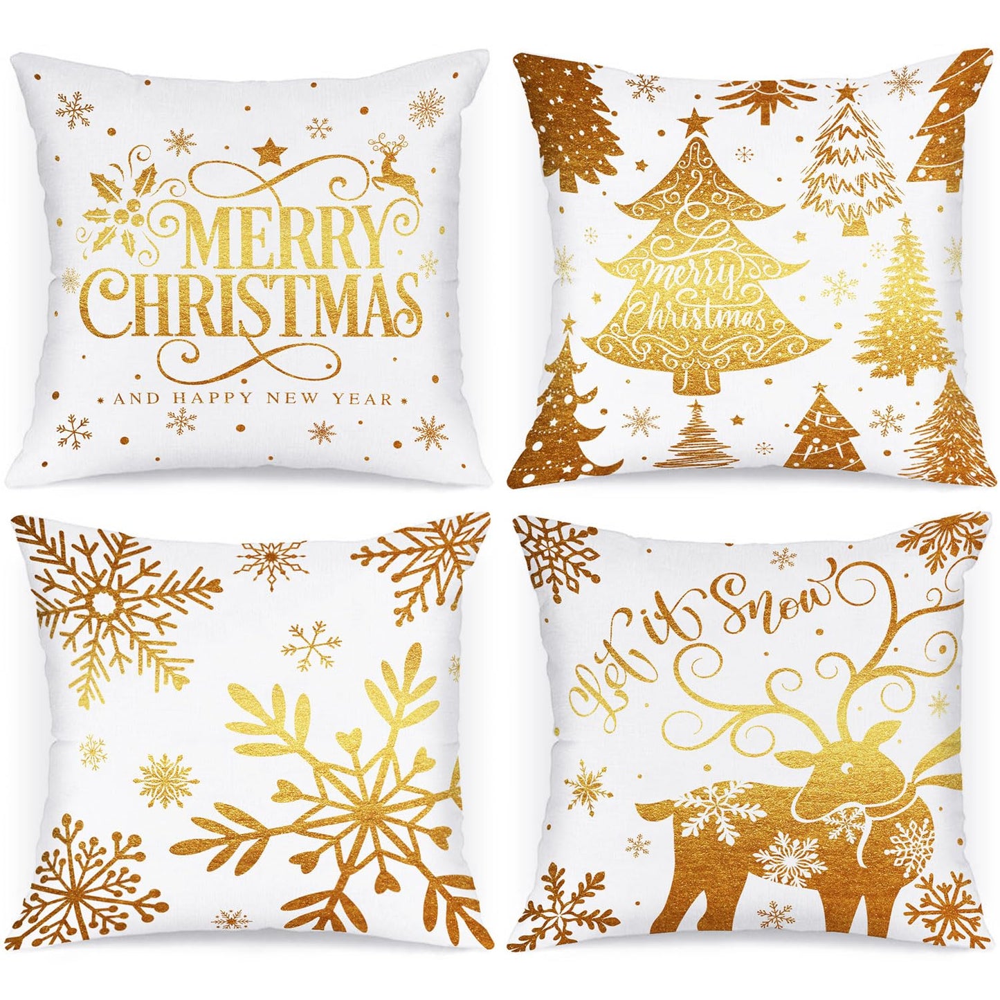 Lanpn White and Gold 18x18 Christmas Pillow Covers Set of 4, Decorative 18 Inch Navy Winter Snowflake Throw Pillow Case Xmas Cushion Cover for Indoor House Sofa Gold