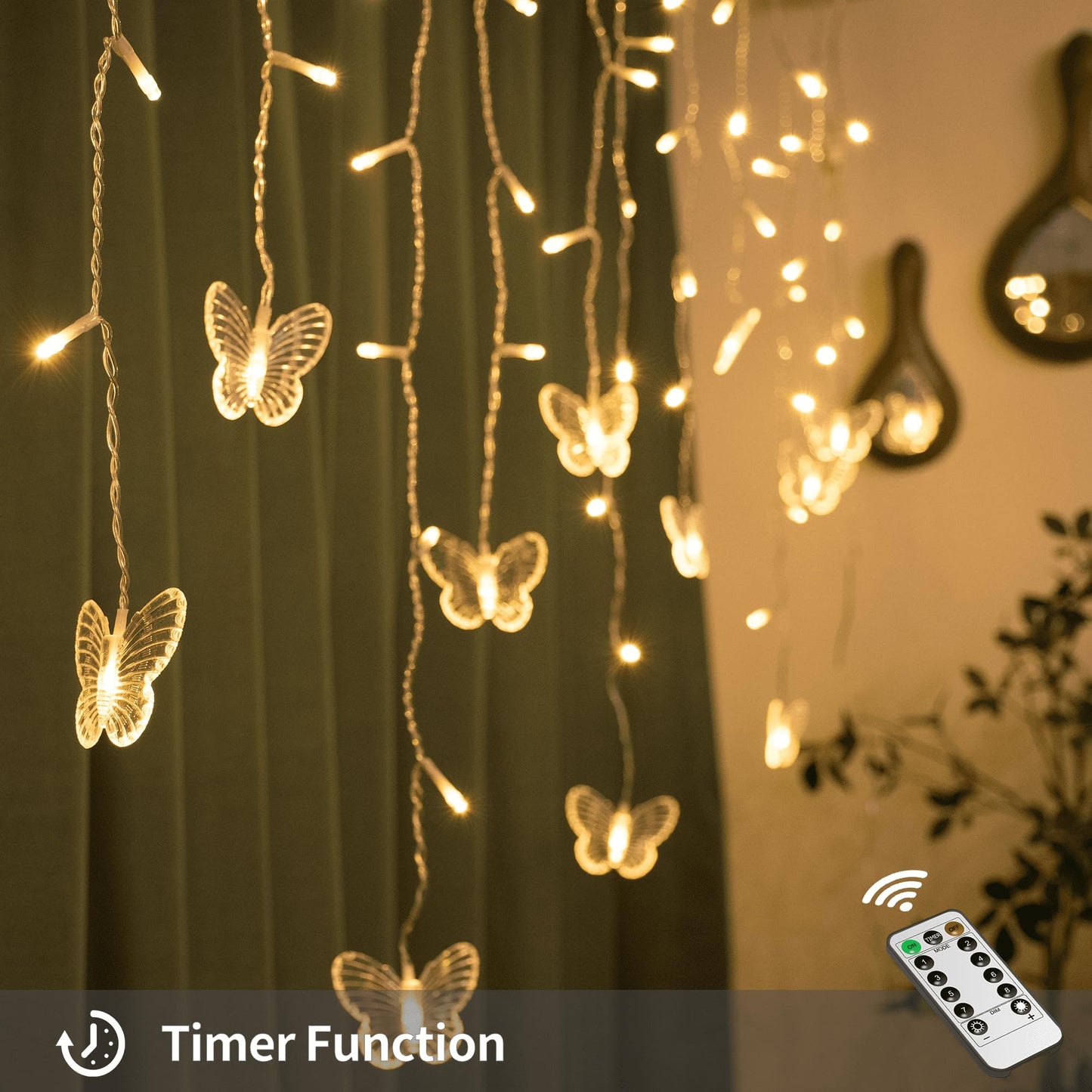 YOLIGHT Butterfly Curtain Lights 13ft 96 LED Fairy Light 8 Modes String Lights with Remote, Butterfly Hanging Decoration for Girls Room Bedroom Wall Ceiling Party Wedding Christmas (Warm White)