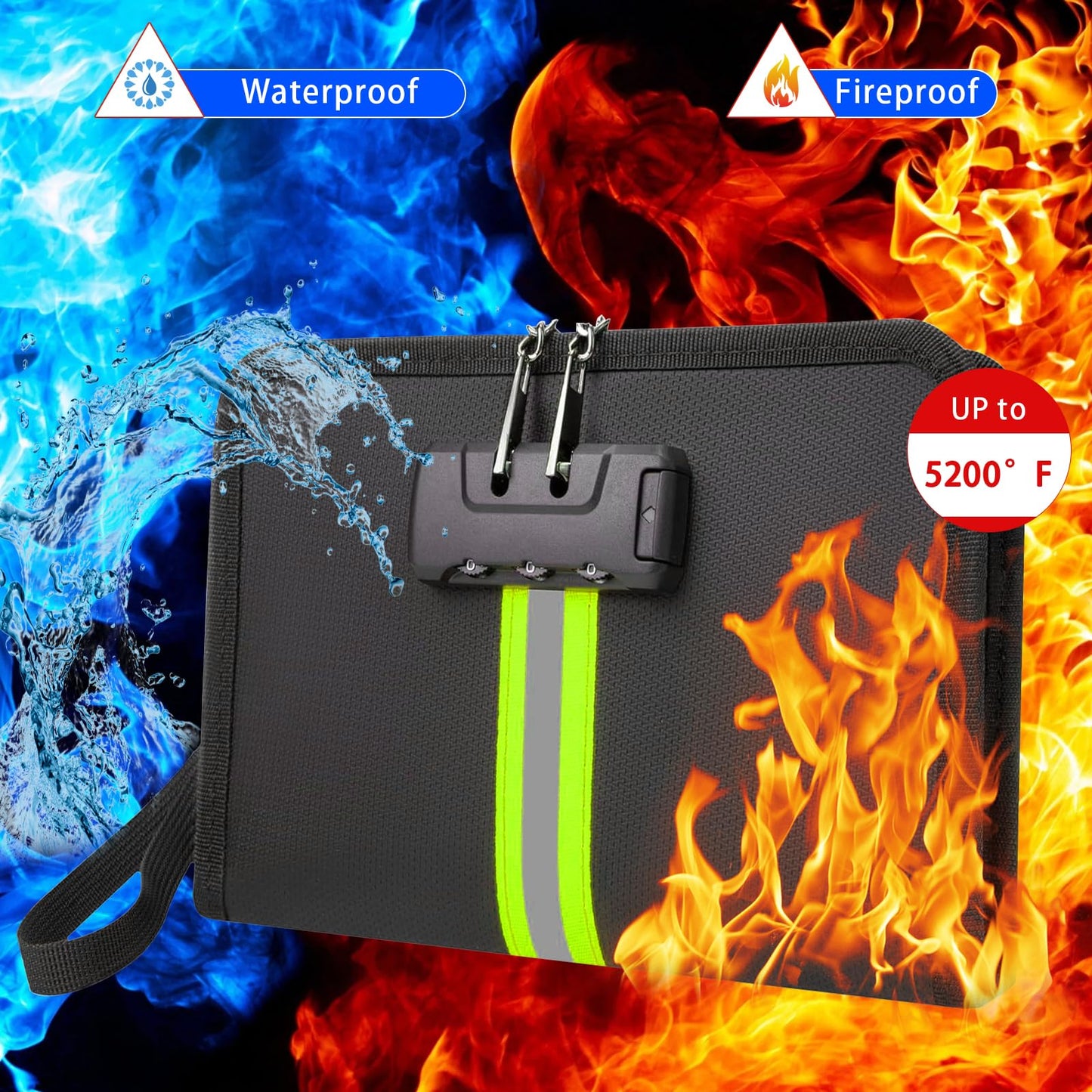 5200℉ Fireproof Waterproof Document Bag (34x24x2.8cm), Safe Fireproof Money Bag with Digital Combination Lock for Documents,Passports,Cash,Valuables