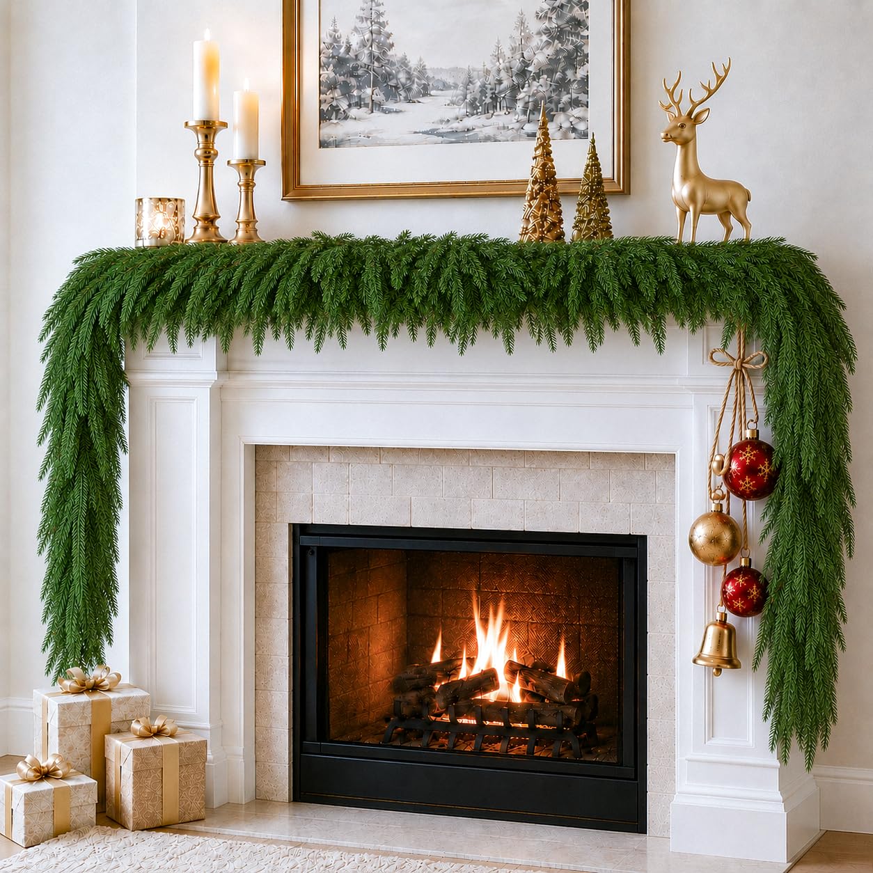 FesNiva 2 Pcs Artificial Norfolk Pine Garland – Winter Greenery Garland for Christmas Decorations, Ideal for Mantle, Table, Fireplace & Holiday Home Decor (9 FT)