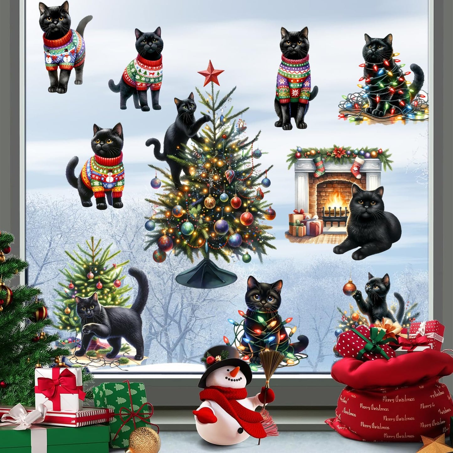 Christmas Decoration Window Clings Black Cat Window Sticker Indoor Removable Christmas Tree Static Decals Double-Sided Reusable Snowflake Vinyl Stickers for Home 2026 New Year Winter Holiday Supplies