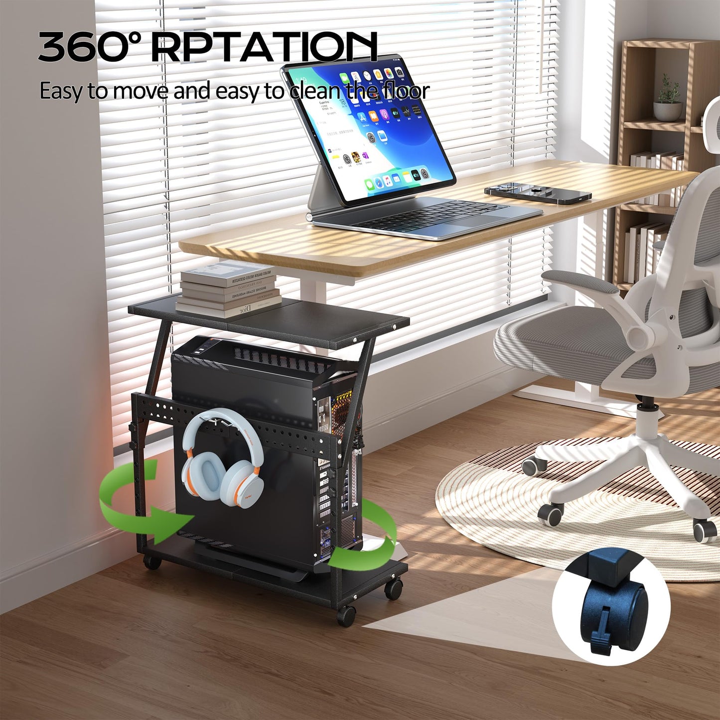 Tyfnry 24In Large PC Stand, 5 Levels Height Adjustable Computer Tower Stand with Wheels and Hooks, CPU Holder Cart for Floor, Carpet and Under Desk, Easy Assembly（NOT Including Power Strips）