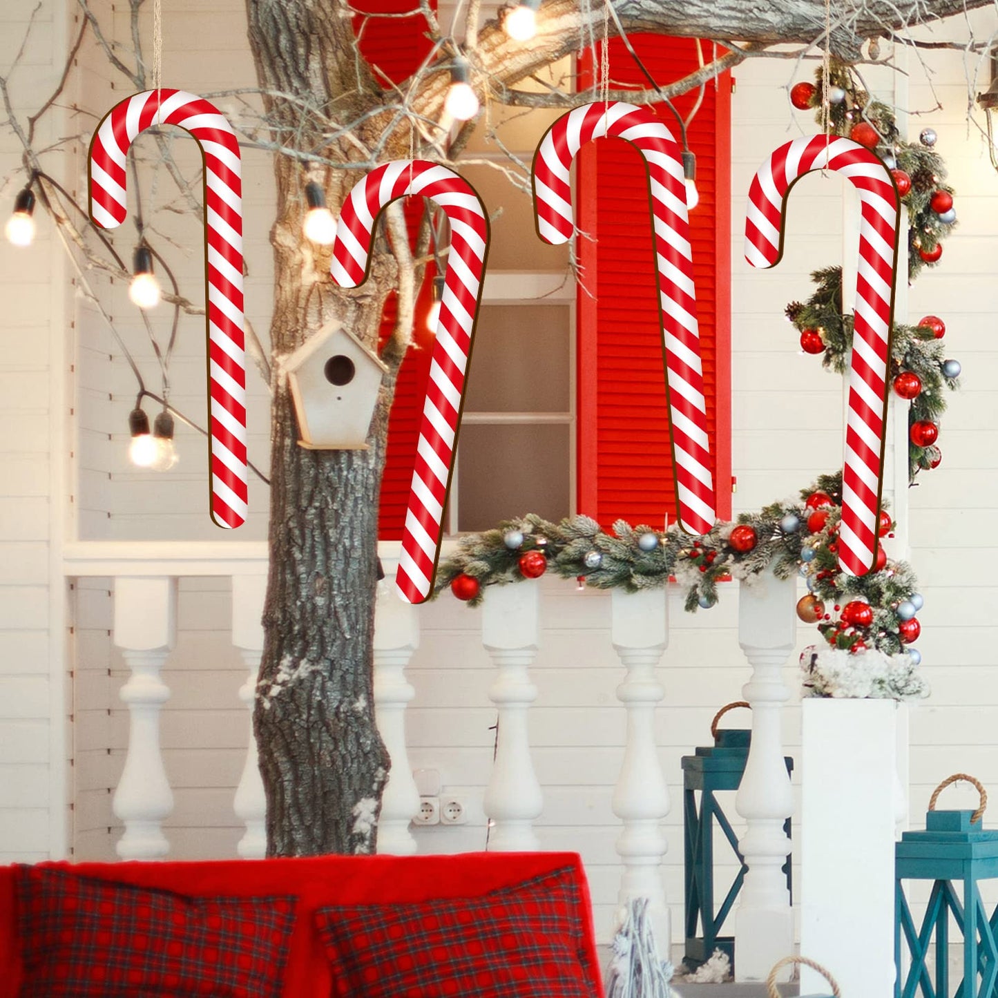 Large Size 4 Pcs 15.7 Inch Christmas Large Candy Canes for Tree Decorations Red and White Giant Candy Cane Props Bulk Xmas Hanging Ornaments Rustic Wood Flat for Party Supplies DIY Crafts Photoshoot