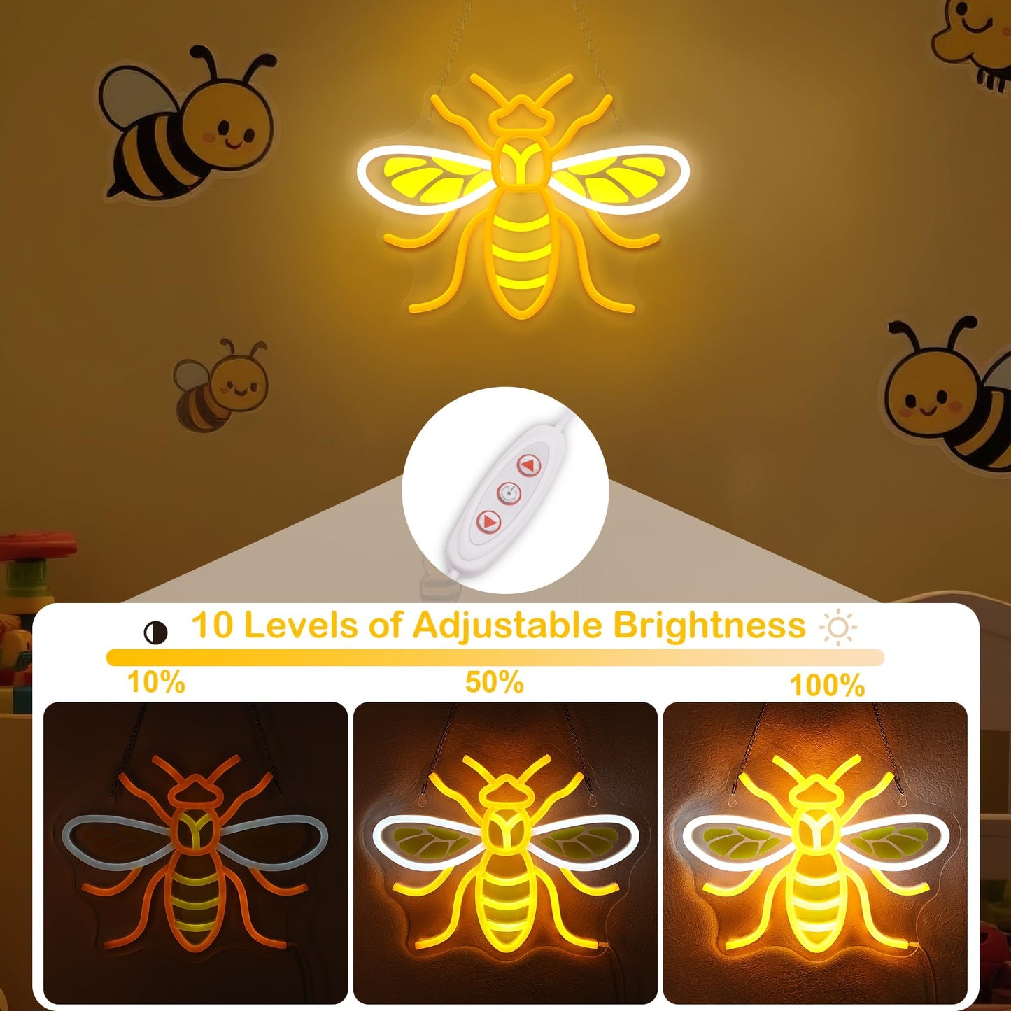 Attivolife Bumble Bee Neon Sign for Wall Decor, Light up LED Animal Neon Lamp with Dim USB Powered, Home Bedroom Classroom Party Stuff, Birthday Xmas Gifts for Kid Girl Boy Beekeeper
