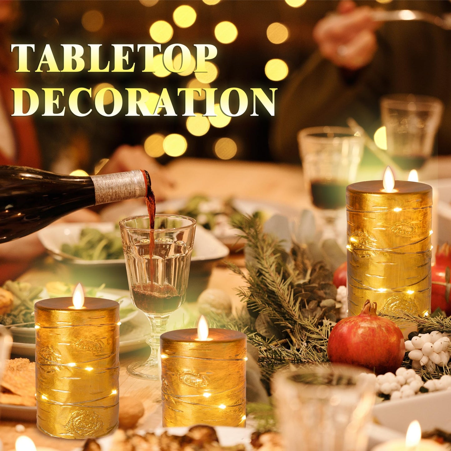 Da by 3 Pack Gold Wax Flameless Taper Candles, Realistic Flickering LED Candles with Surrounding Fairy String Lights, Soft Warm Light Battery Candles with Remote for Indoor Outdoor Decor