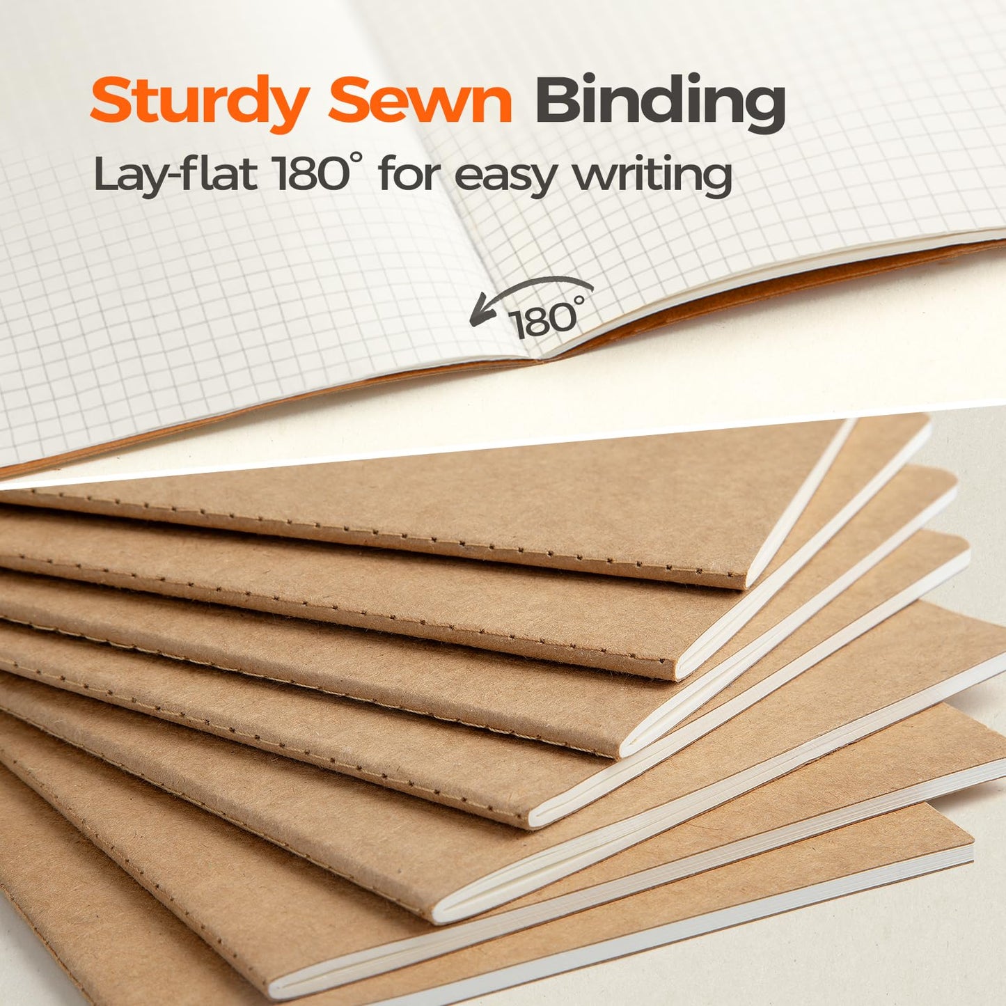 Foliom 24 Pack Kraft Notebooks Bulk A5, 60 Pages Grid Graph Paper Journals, 8.3x5.5 Inches, Natural Kraft Cover Composition Notebooks for School Office Students Artists
