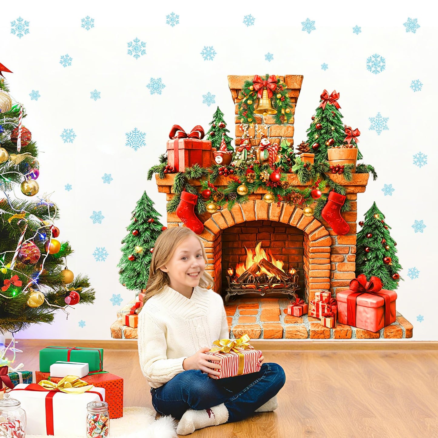 Large Fireplace Wall Stickers Removable Christmas Wall Decals Peel and Stick Fireplace Mural Sticker Winter Tree Snowflake Holiday Decorations for Walls Xmas Fire Flame Decal Party Decor