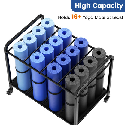 Black Yoga Mat Storage Rack Basket with Wheels, Floor-Standing Metal Yoga Mat Cart Workout Equipment for Foam Roller Dumbbells Kettlebells,in Gym,Fitness Classes, Yoga Studio & Home Gym