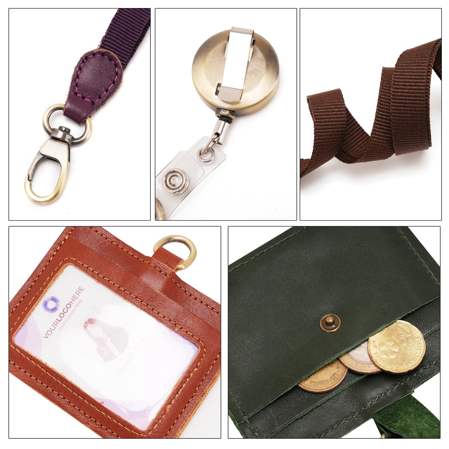 Wonderpool Leather Horizontal Badge Holder with Detachable Neck Lanyard and Retractable Badge Reel Clip, Card Slots Case ID Card Holder for ID Badges Card and Driver Licence (Coffee)