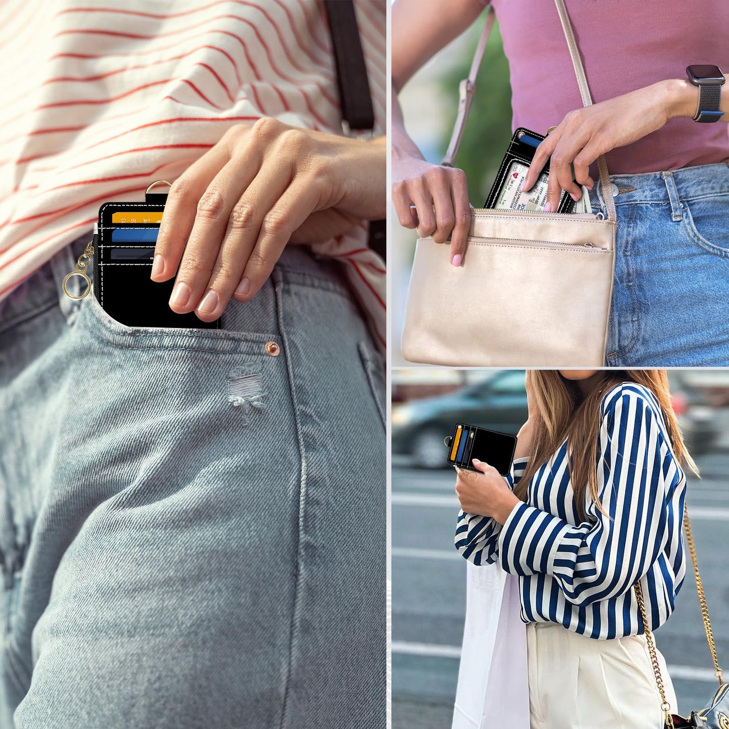 DATOUCAT Slim Wallet Credit Card Holder, Black, RFID Wallet Women Cute Small Front Pocket Wallet With Zipper, PU Leather Thin travel RFID Blocking Card Case ID Window,Ladies Gifts