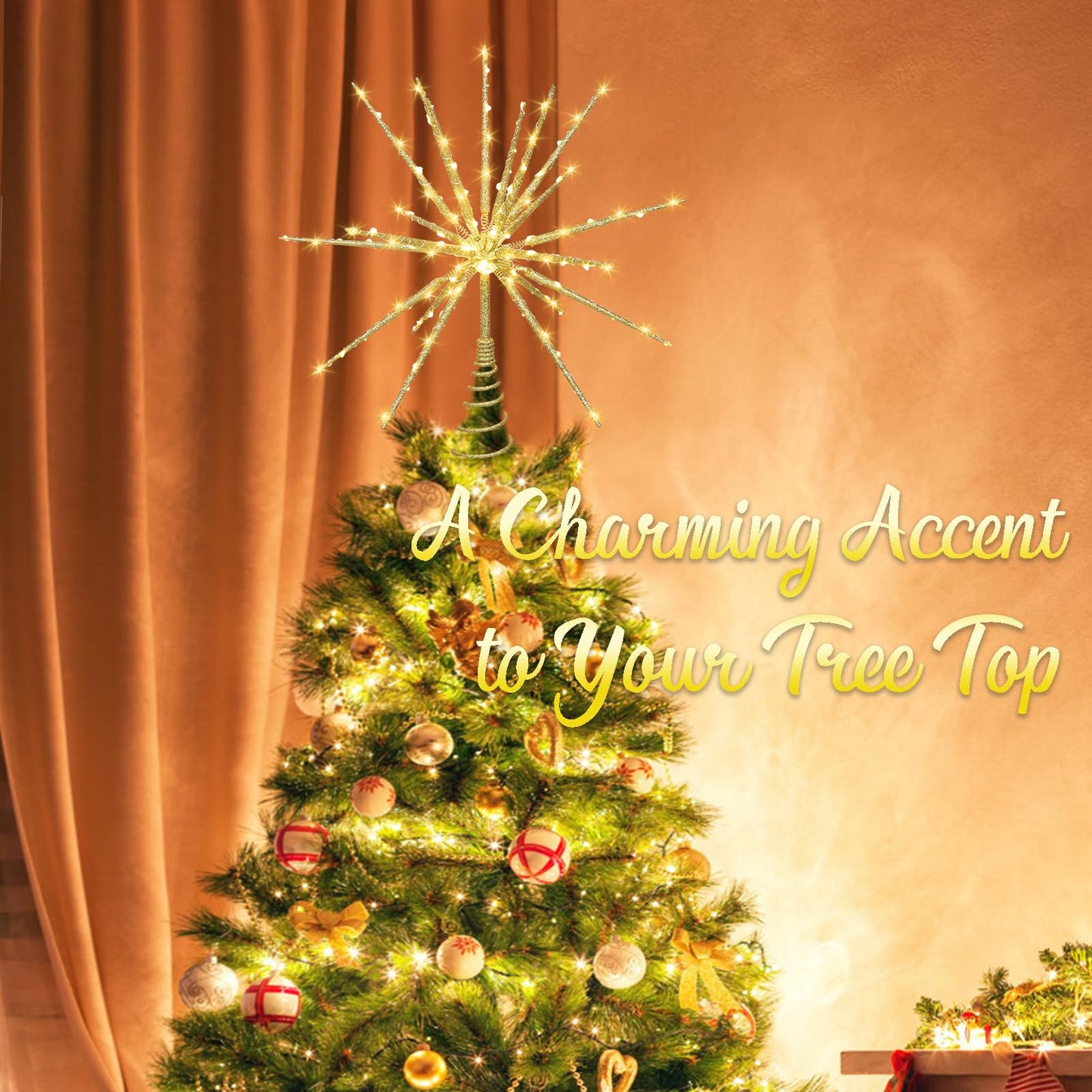 Obralitic 15 Inch Christmas Tree Star Topper with 150 LED Timer Lights & Remote, 19-Point USB Powered Lighted Gold Starburst Star Tree Topper for Indoor Holiday Party Xmas Tree Decor