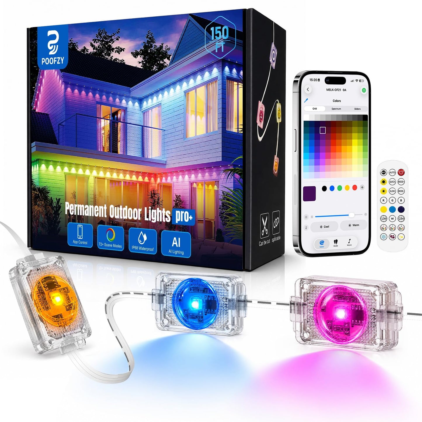 POOFZY Permanent Outdoor Lights 150FT, RGBIC Smart Outdoor Lights for House, App & Voice Control, Waterproof Outdoor Eave Lights for Christmas Holiday Patio Yard Decor