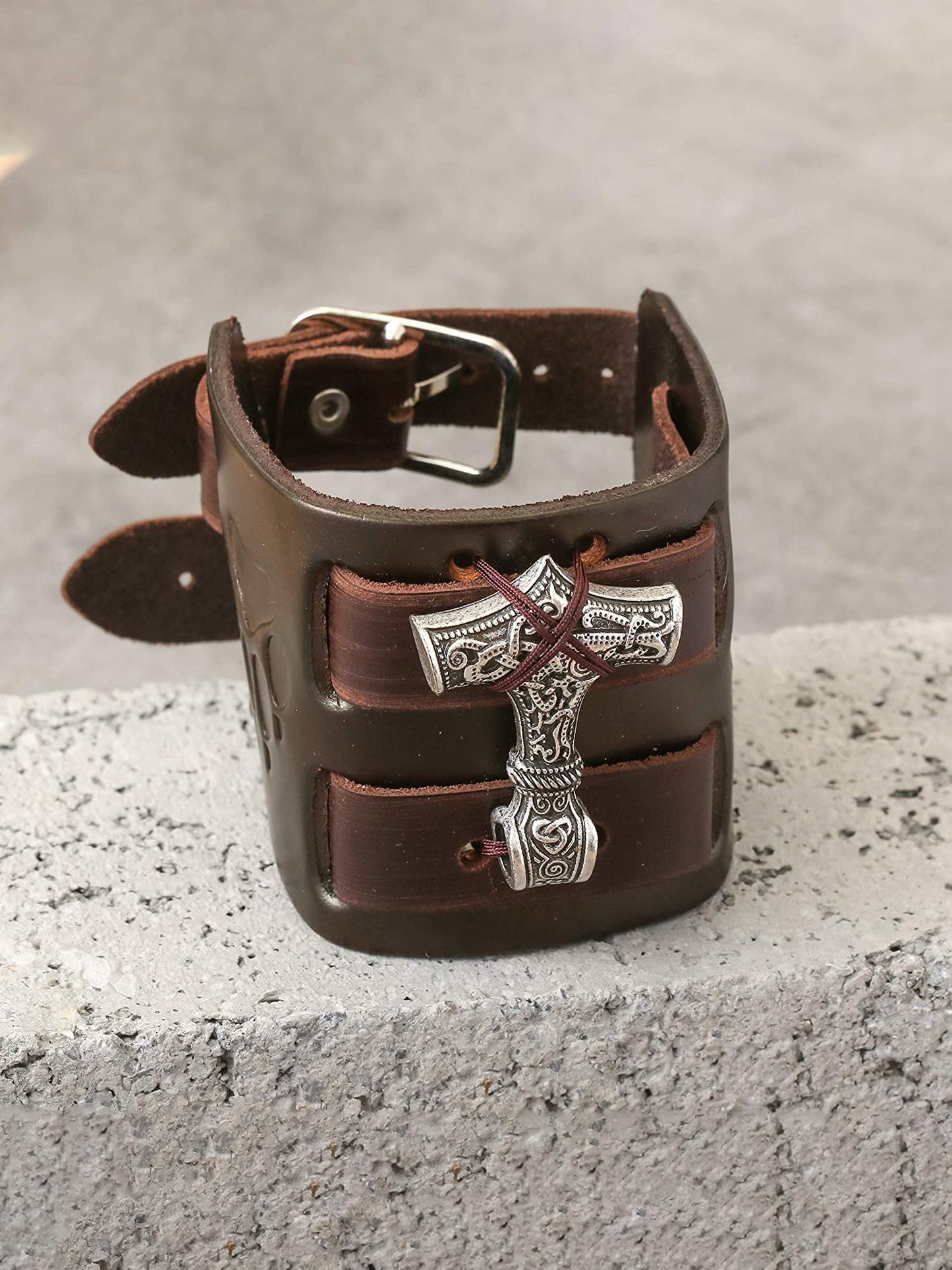 HAQUIL Viking Bracelet for Men, Viking Mjolnir Pendant, Nordic Brown Wide Leather Wristband, NorseJewelry Men