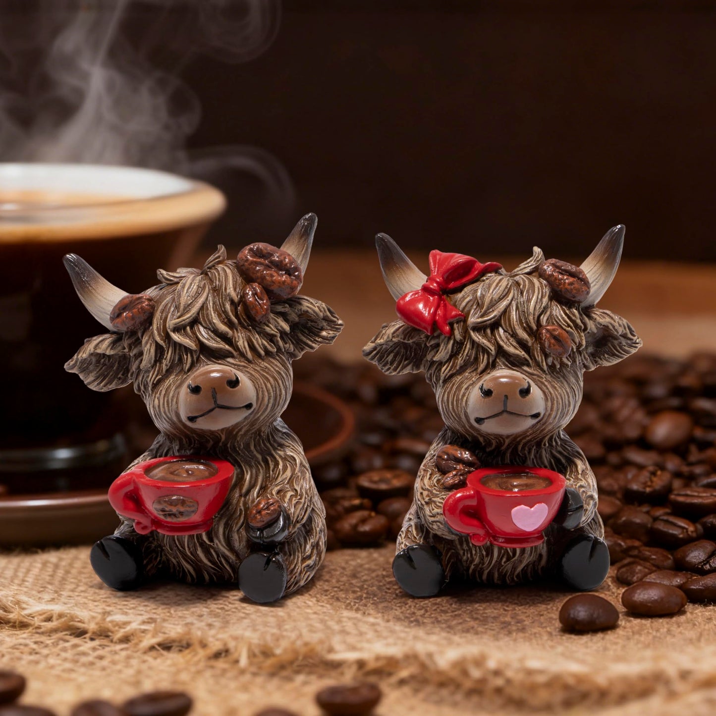 Hodao Christmas Highland Cow Coffee Resin Figurines,Xmas Farmhouse Decor for Tiered Tray, Tabletop, Mantel, Gift for Xmas Home Decoration