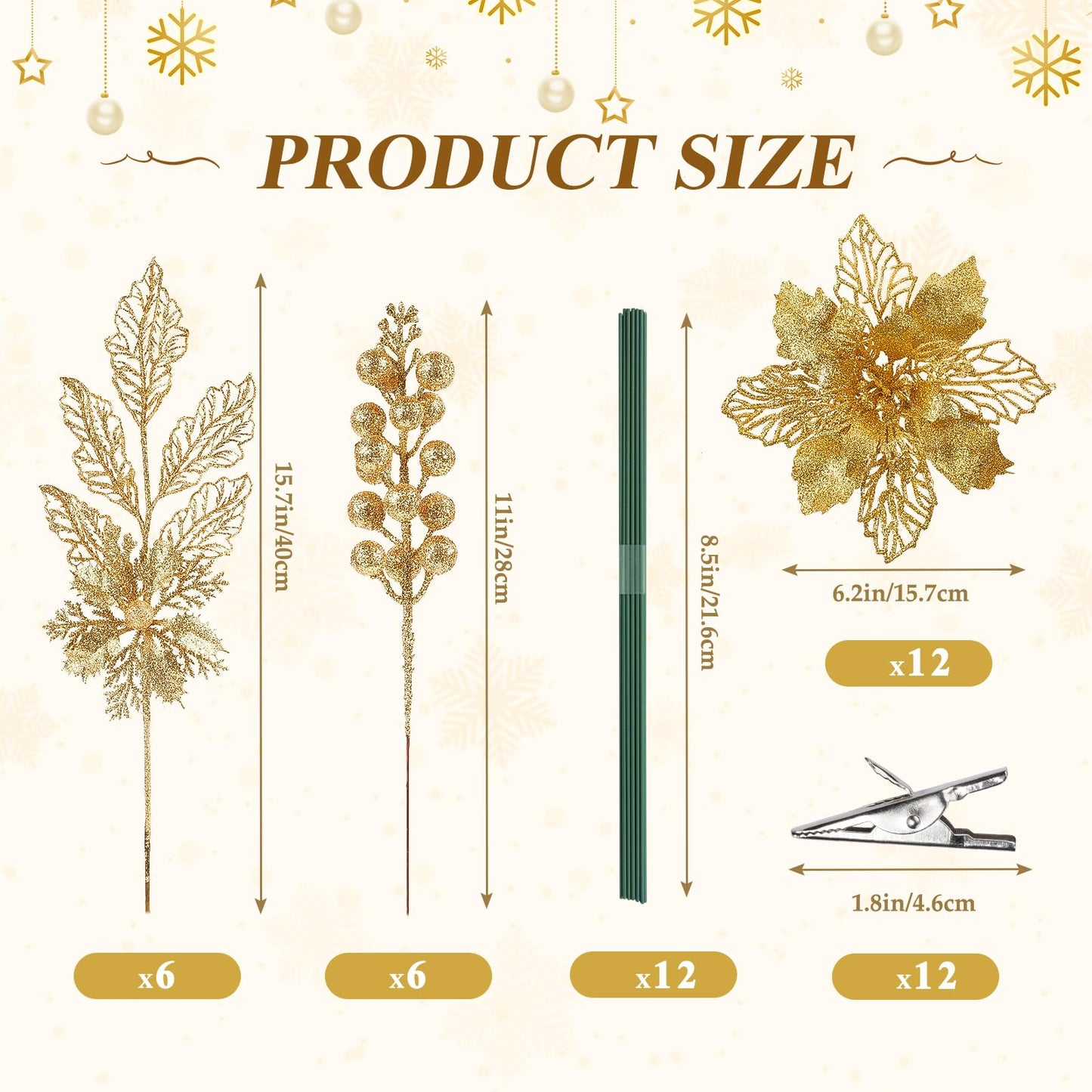 Alupssuc 24 PCS Christmas Tree Decorations, 12 PCS Poinsettia Flowers Artificial+6 PCS Glitter Holly Berry Stems+6 Berry Leaves Christmas Tree Picks for Party Wreath Fireplace, Gold